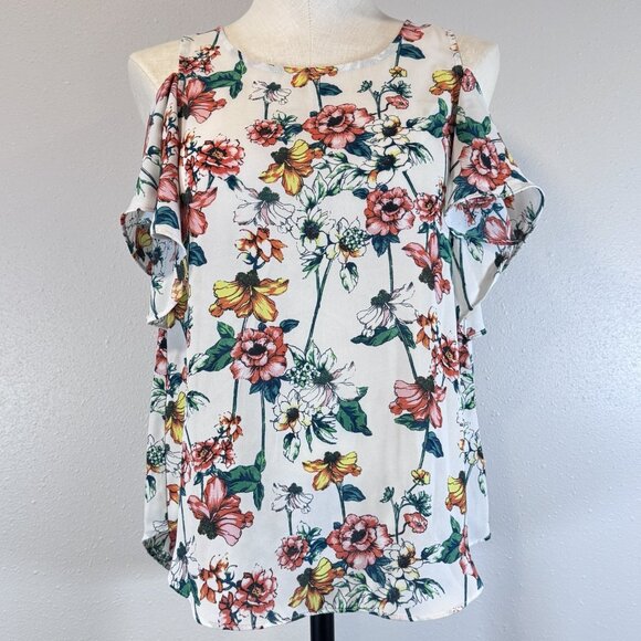 Fortune + Ivy Womens Tunic Top White Floral Cold Shoulder Scoop Neck Relaxed S - Picture 1 of 13